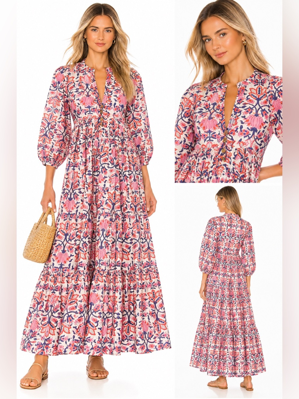 CJ Laing Floral Block Print Maxi Dress Pink Navy Cotton Boho Resort Dress